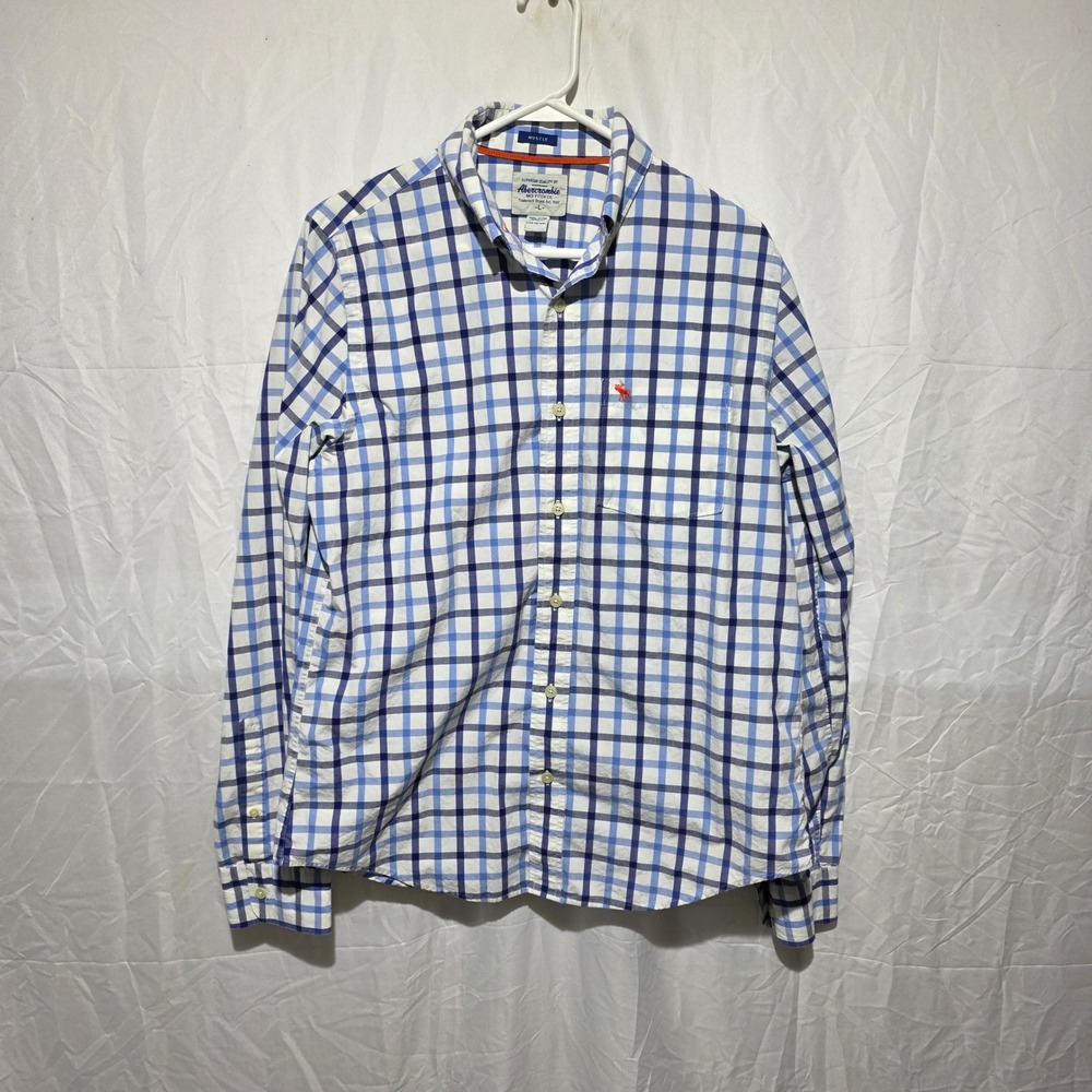 Abercrombie & Fitch Mens Large Muscle Fit Blue White Plaid Button Down Shirt